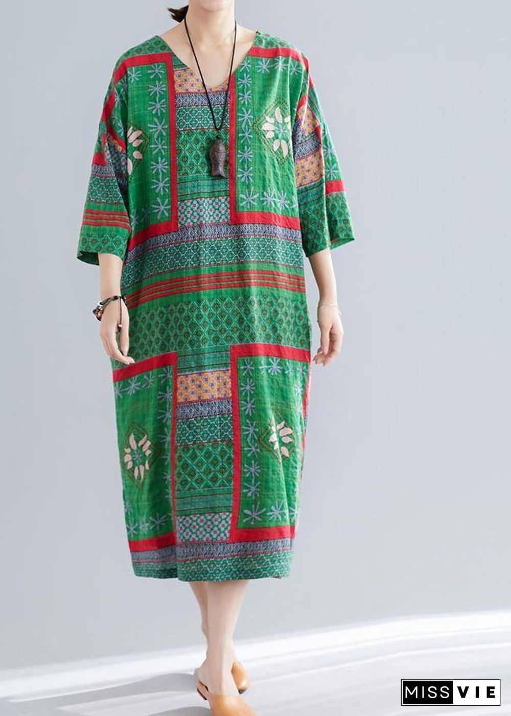 Bohemian v neck side open cotton Women pattern green print Maxi Dresses summer