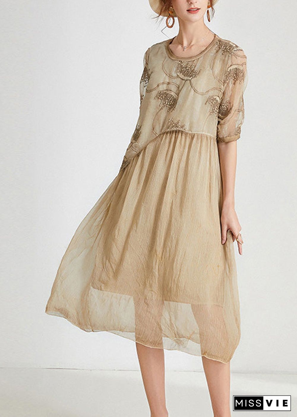 Unique Khaki O-Neck Cozy Chiffon Maxi Dress Short Sleeve