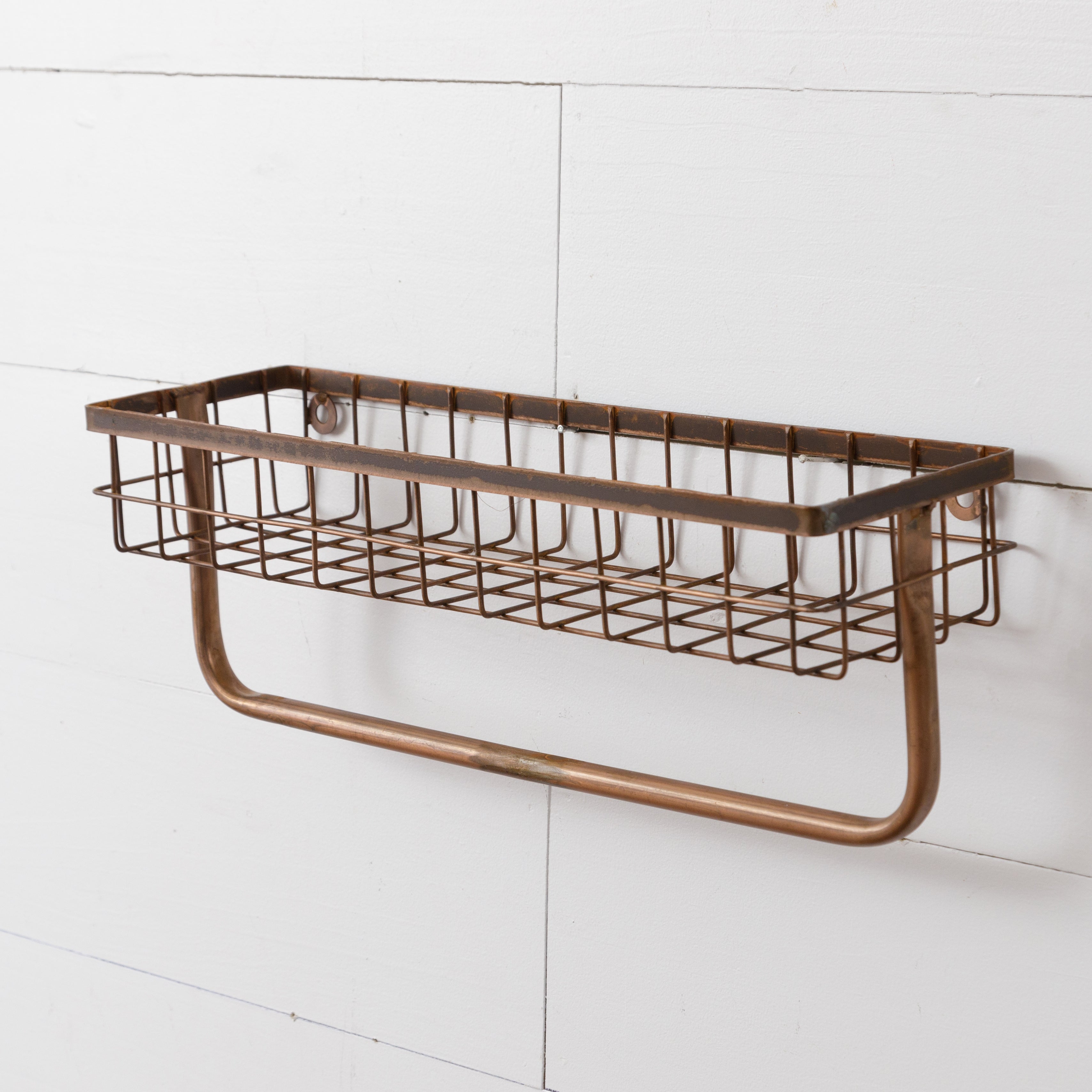 Audreys Copper Finished Single Tier Metal Wire Wall Shelf with Towel Holder