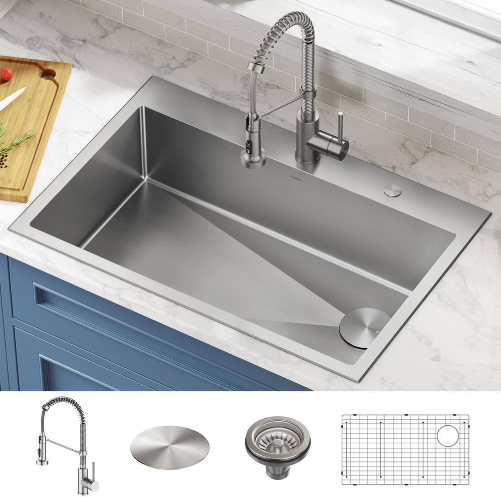 KRAUS KCH-1000 Loften All in-One 33 in. Drop In/Undermount Single Bowl 18 Gauge Stainless Steel Kitchen Sink with Pull Down Faucet