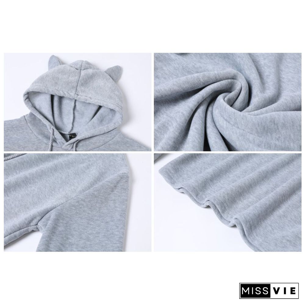 Pure Color Cat Ears Short Hoodie