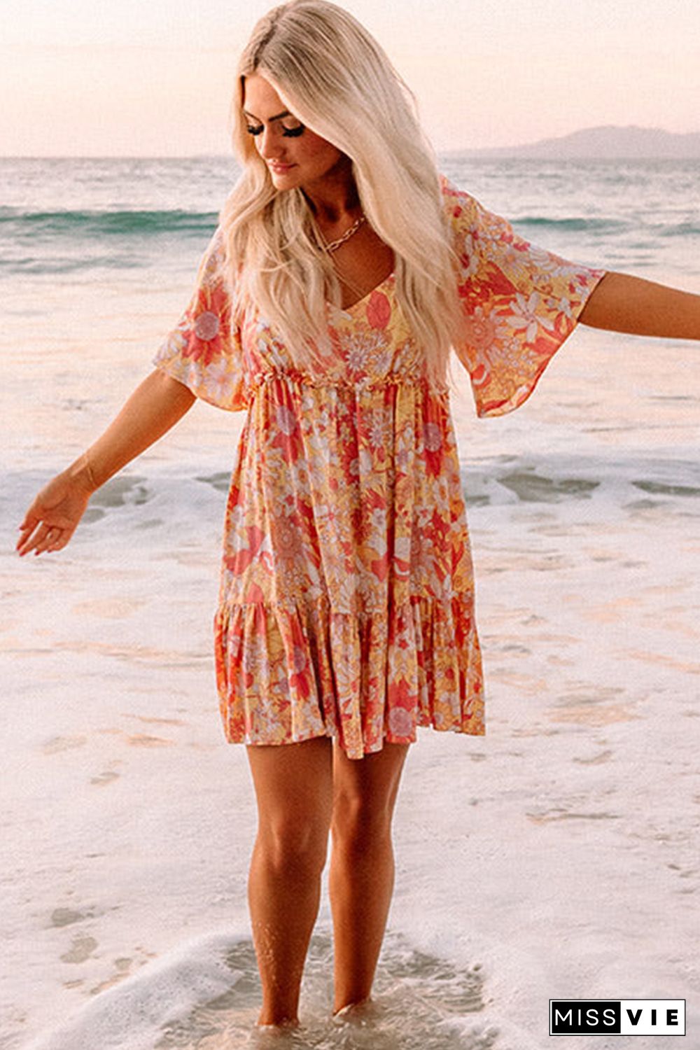 Orange Wide Flutter Sleeve Floral Dress