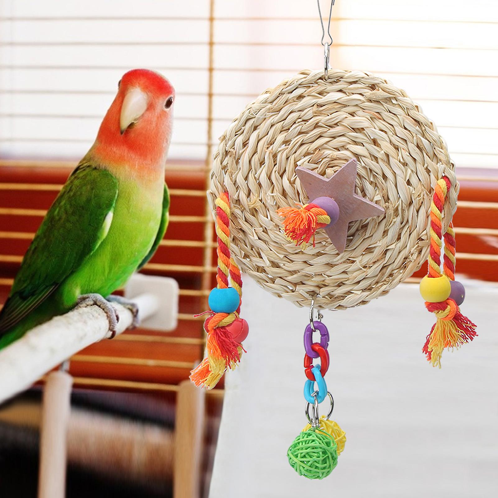 Pet Parrot Non-toxic Straw Plaited Wood Block Chewing Biting Hanging Swing Toy Bird Cage Accessoriess