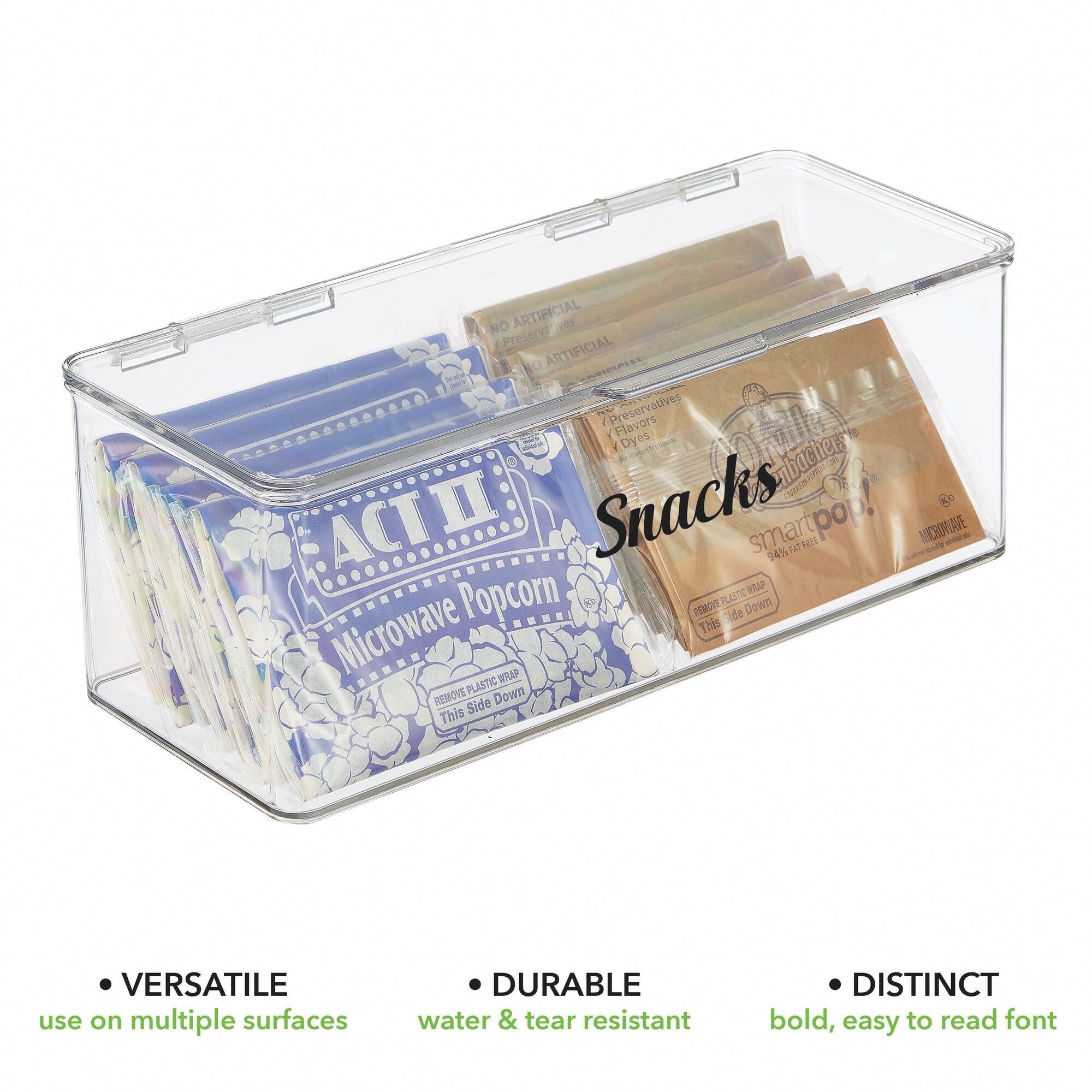 mDesign Plastic Stackable Kitchen Pantry Cabinet/Refrigerator Food Storage Container Box, Attached Lid - Compact Organizer for Coffee, Tea, Packets, Snack Bars - Pack of 4, Includes 32 Labels - Clear