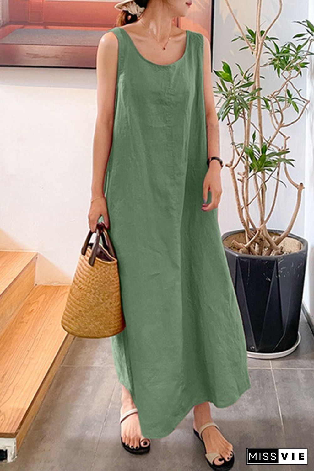 Casual Simplicity Solid Pocket O Neck Sleeveless Dress Dresses