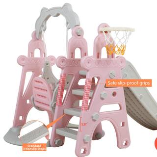 Nyeekoy 3-in-1 Kids Slide and Swing Set Toddler Climber Playset Indoor Outdoor Playground Pink and Grey TH17G0755-T01