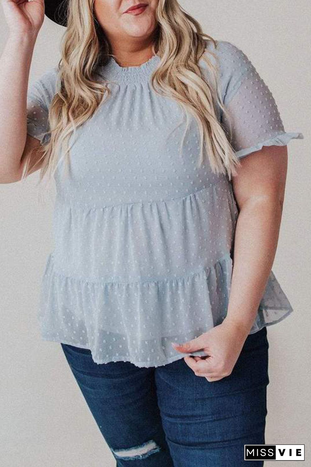 Plus Size Mock Neck Swiss Dot Ruffled Short Sleeve Top