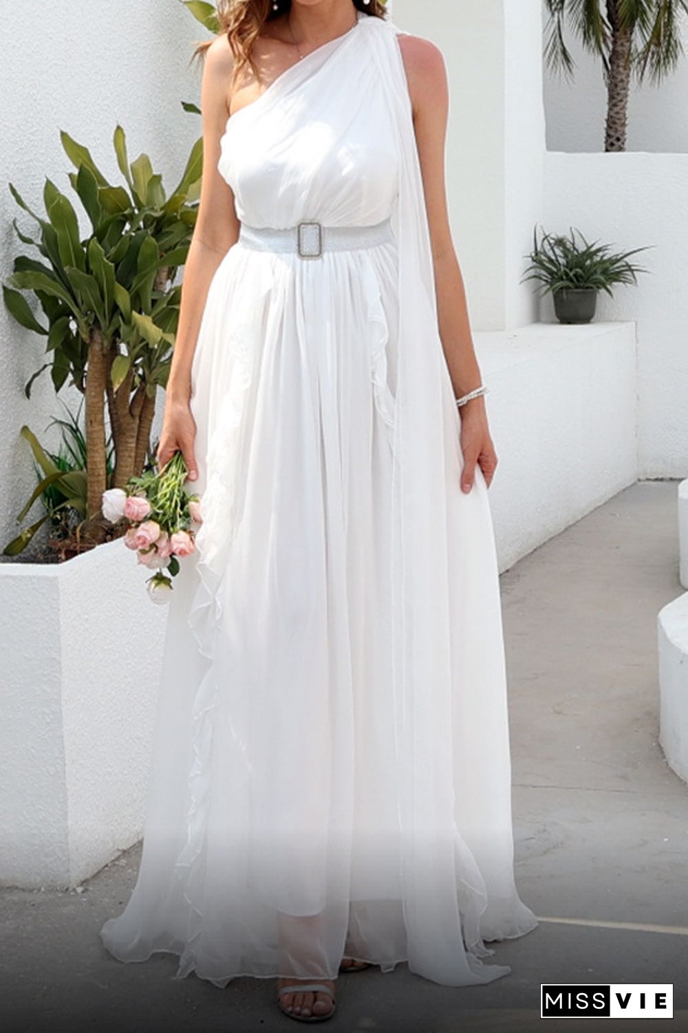 White One Shoulder Sleeveless Split Prom Dress