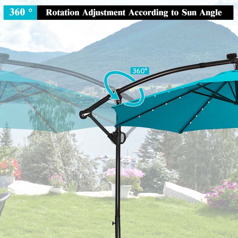 10 FT Patio Offset Umbrella with Solar Lights 360° Rotation Outdoor Market Umbrella with Crank Handle & Cross Base