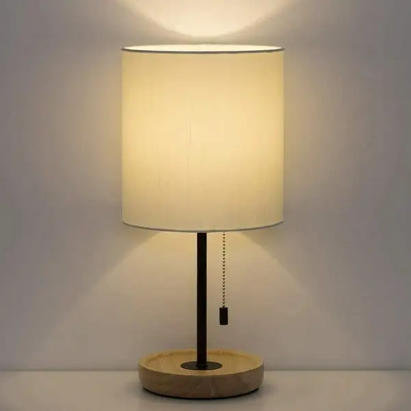 Bedside Black Modern Table Lamp With Tan Wood Base