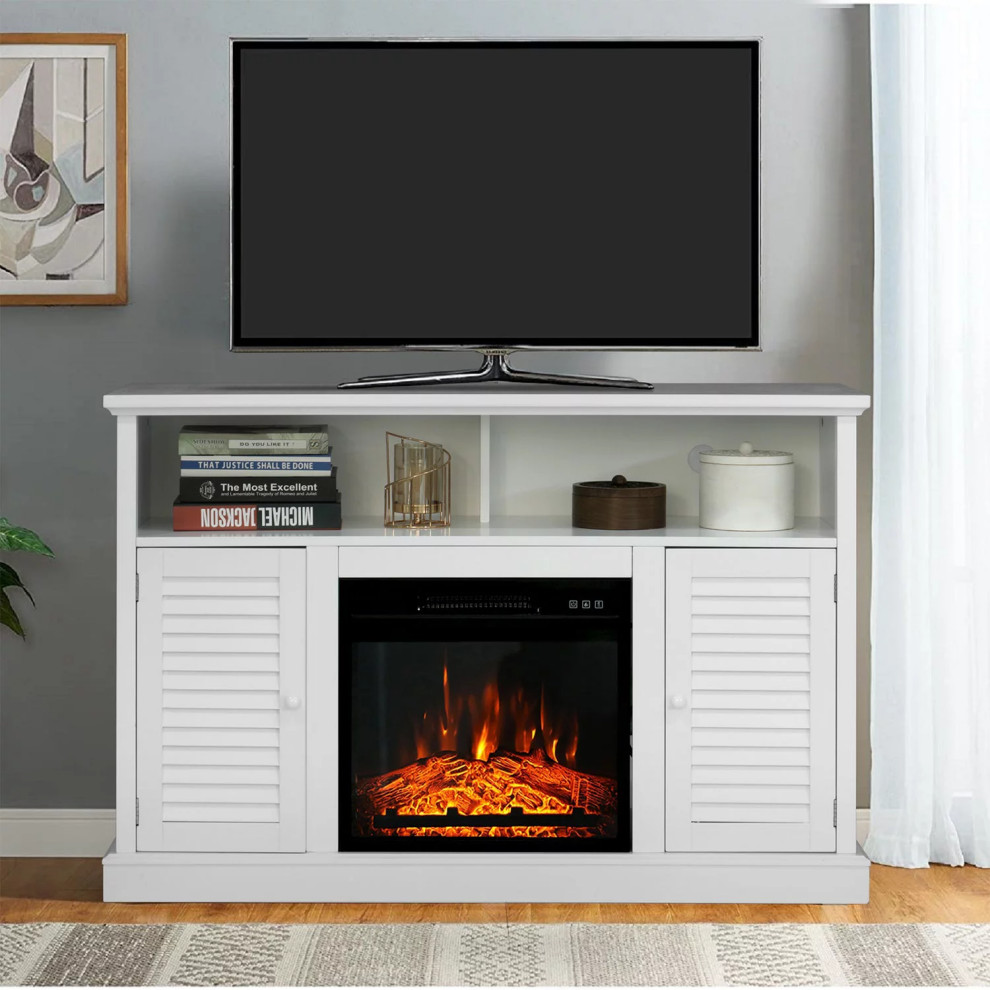 Contemporary TV Stand  Center Fireplace  ampShutter Doors With Adjustable Shelves   Contemporary   Entertainment Centers And Tv Stands   by Declusia  Houzz