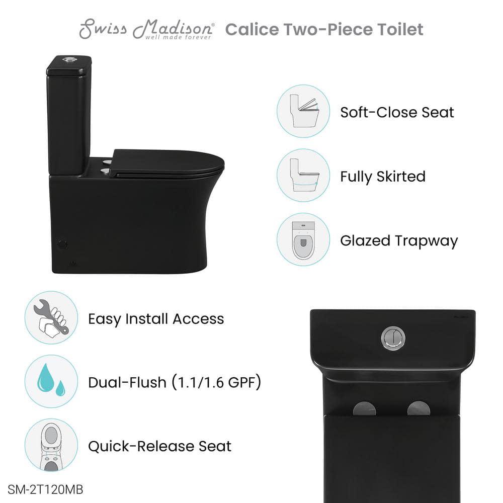 Swiss Madison Calice 2piece 128 GPF Dual Flush Elongated Rear Outlet Toilet in Matte Black Seat Included