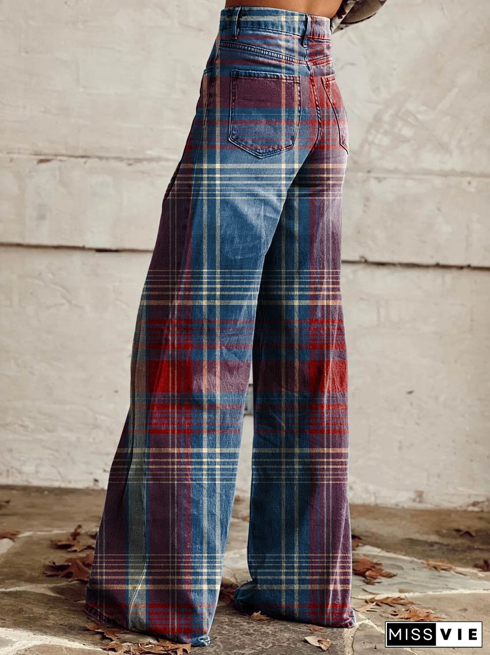 Women's Red and Blue Grid Print Casual Wide Leg Pants