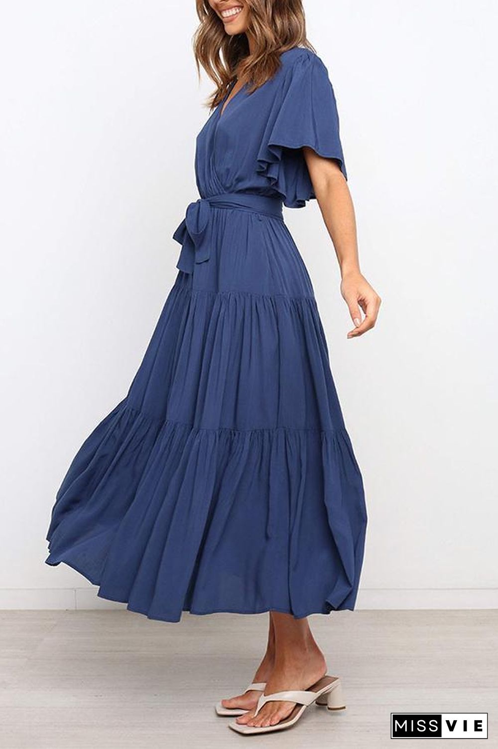 Ruffled Sleeve V-neck Tie Waist Maxi Dress P14492