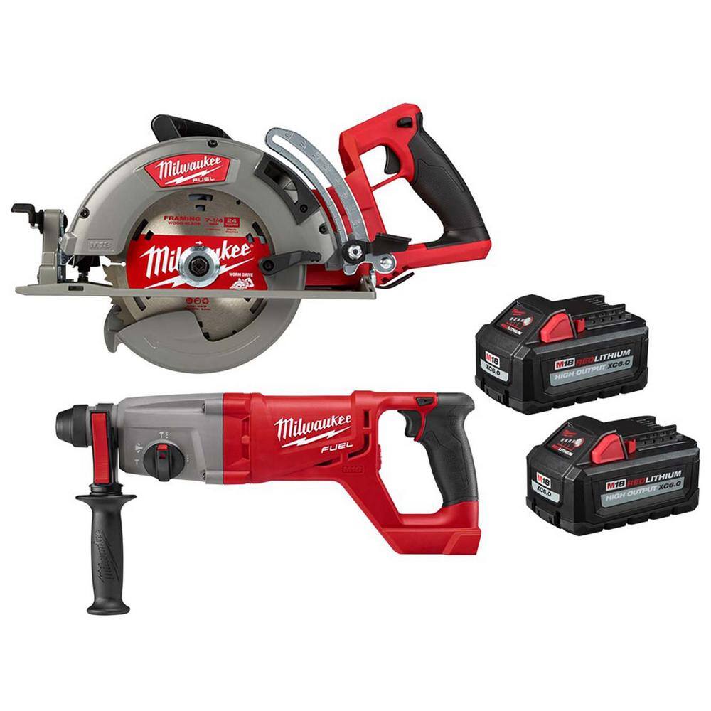 MW M18 FUEL 18-Volt Lithium-Ion Cordless 7-14 in. Rear Handle Circ w1 in. SDS-Plus Rotary Hammer Two 6 Ah HO Batteries 2830-20-2713-20-48-11-1862