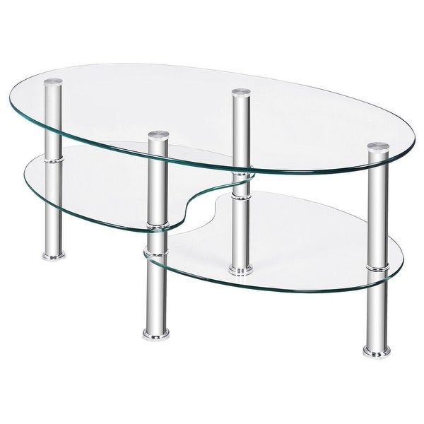 Costway Tempered Glass Oval Side Coffee Table Shelf Chrome Base Living