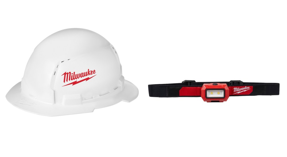 Milwaukee Full Brim Vented Hard Hat with Alkaline Flood Headlamp