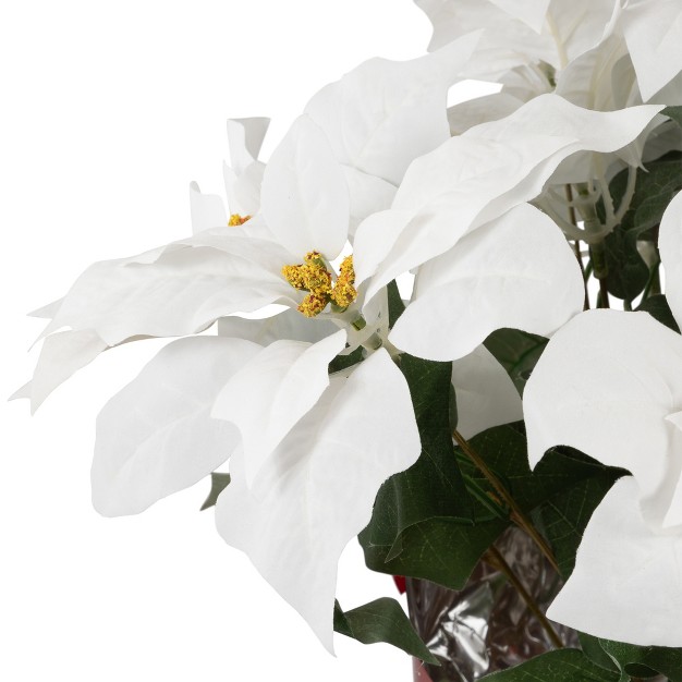 White Artificial Christmas Poinsettia In Red Wrapped Base