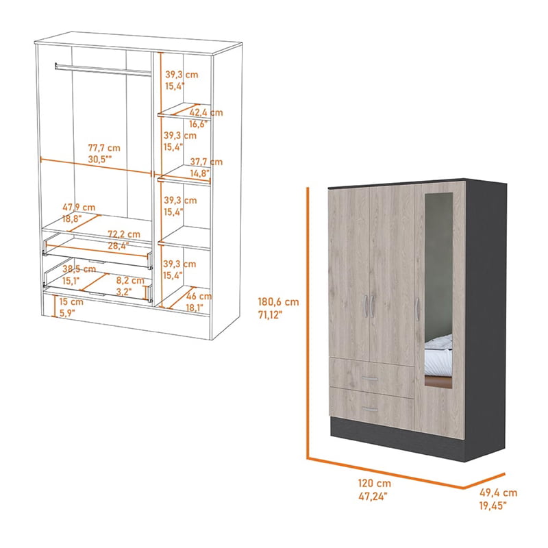 FM Furniture Florencia S Mirrored Modern Wood Armoire in Black Wenge/Light Oak