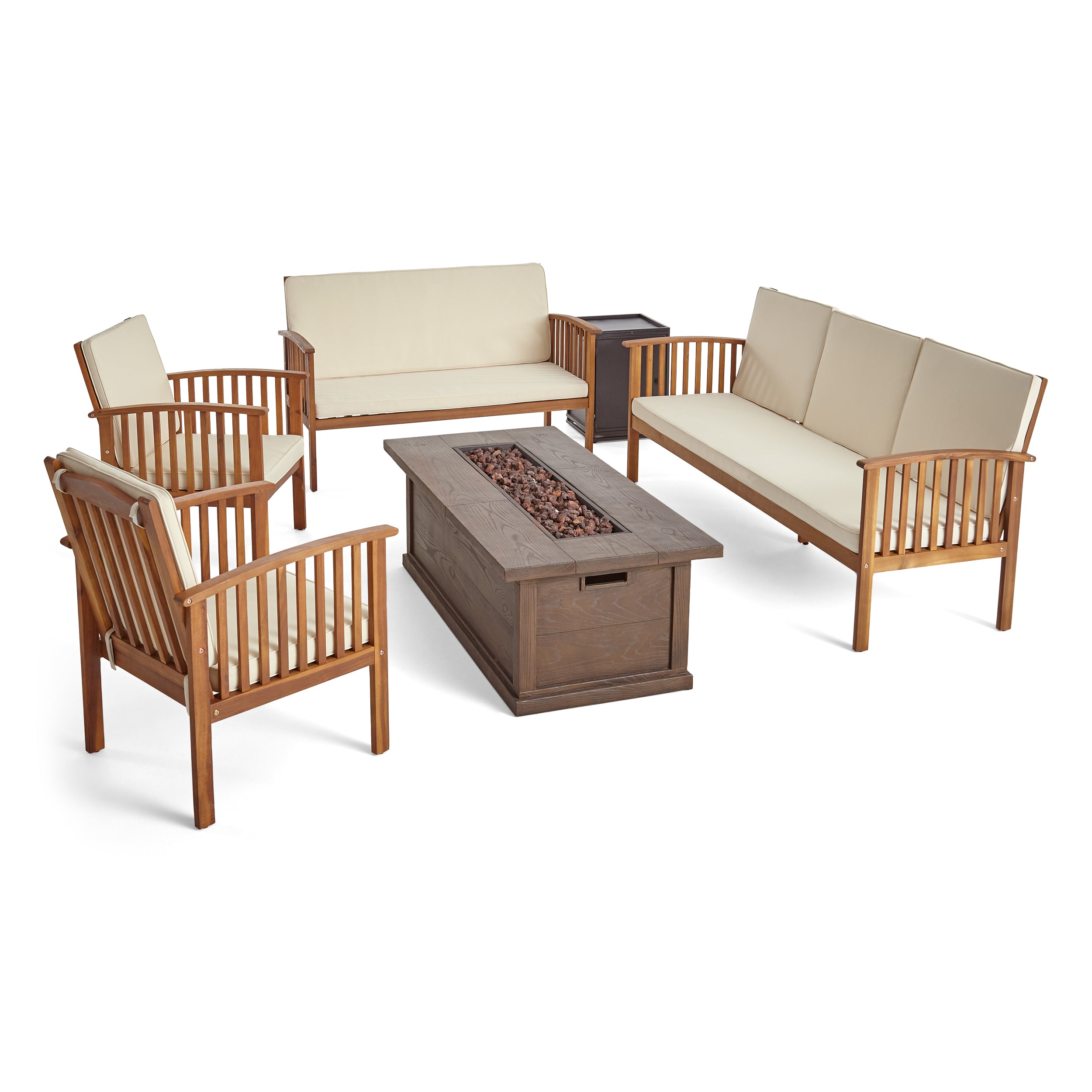 Jean Outdoor 6 Piece Acacia Wood Sofa and Loveseat Conversational Set with Fire Pit