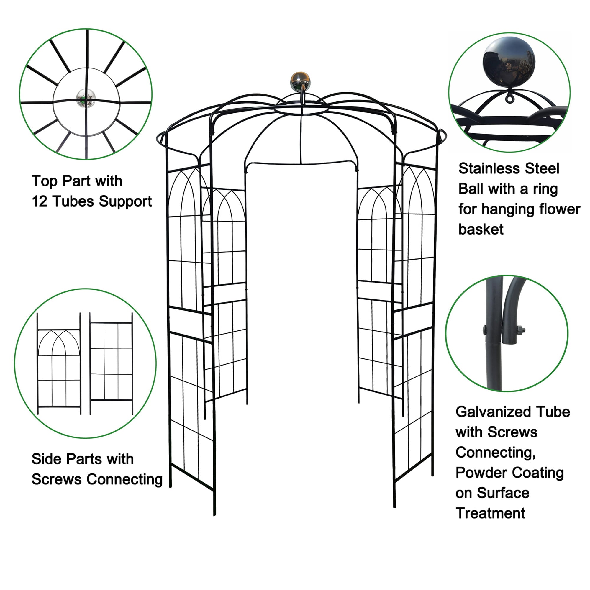 Aibecy Metal Garden Arch Iron Garden Arbors Gazebo Dia81.3'' x 114.2'' High Birdcage Shape Pergola Pavilion for Wedding Ceremony Outdoor Black