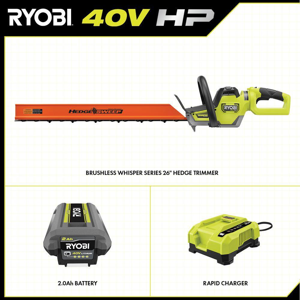 RYOBI 40V HP Brushless Whisper Series 26 in. Cordless Battery Hedge Trimmer with 2.0 Ah Battery and Charger RY40660