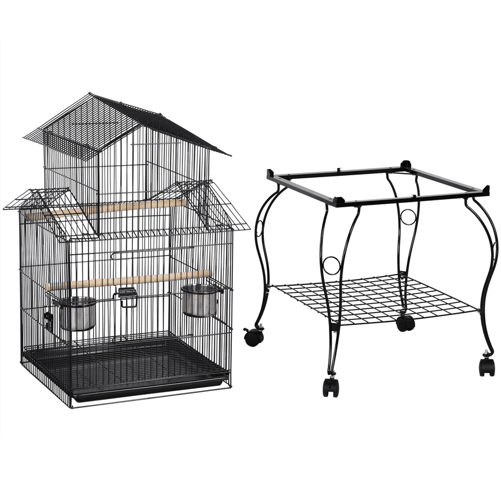 Easyfashion Large Metal Rolling Bird Cage Parrot Aviary Canary Pet Perch With Stand， Black