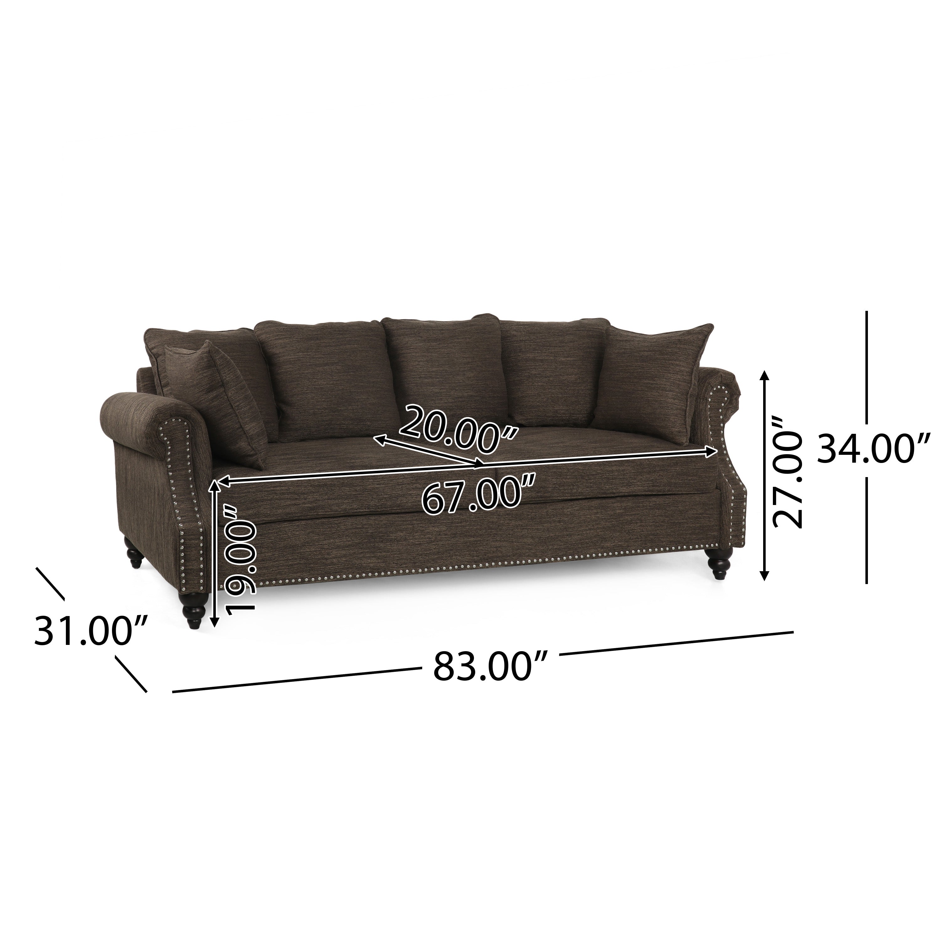 Bonny Contemporary Fabric Pillowback 3 Seater Sofa with Nailhead Trim