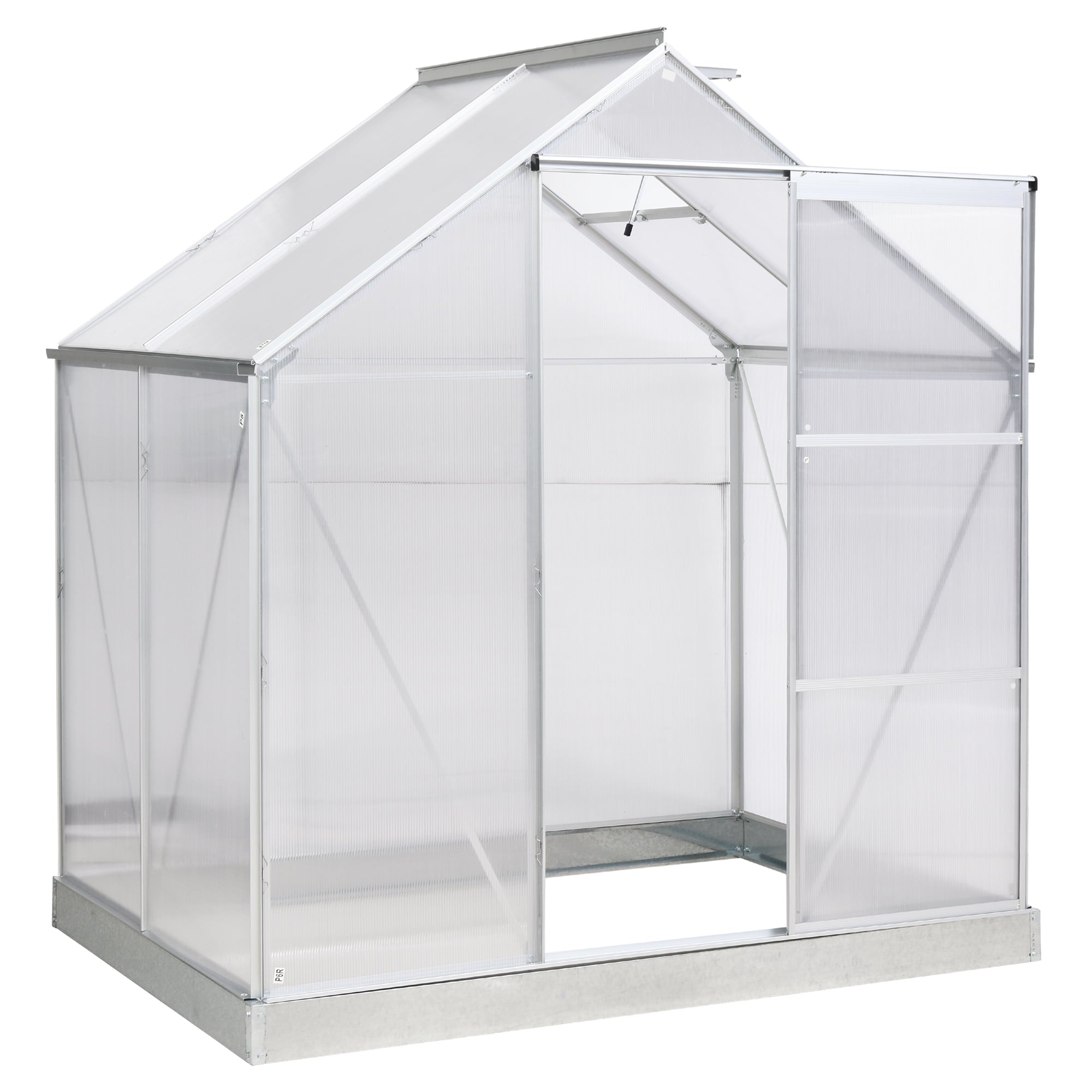 Outsunny 6' x 4' Polycarbonate Greenhouse with Aluminum Frame, Walk-in Garden Greenhouse Kit with Adjustable Roof Vent, Rain Gutter and Sliding Door for Backyard, Silver