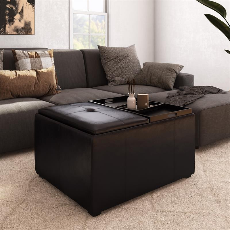 Pemberly Row Contemporary 34 quotStorage Ottoman in Brown Faux Leather   Contemporary   Footstools And Ottomans   by Homesquare  Houzz