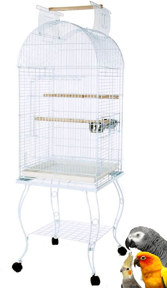 Large 64-Inch Rolling Standing Dome Open Top Bird Perch Cage for Parrots Cockatiels Sun Conures Parakeets Lovebirds Budgies Finches Canary Pet Bird Cage With Storage Shelve