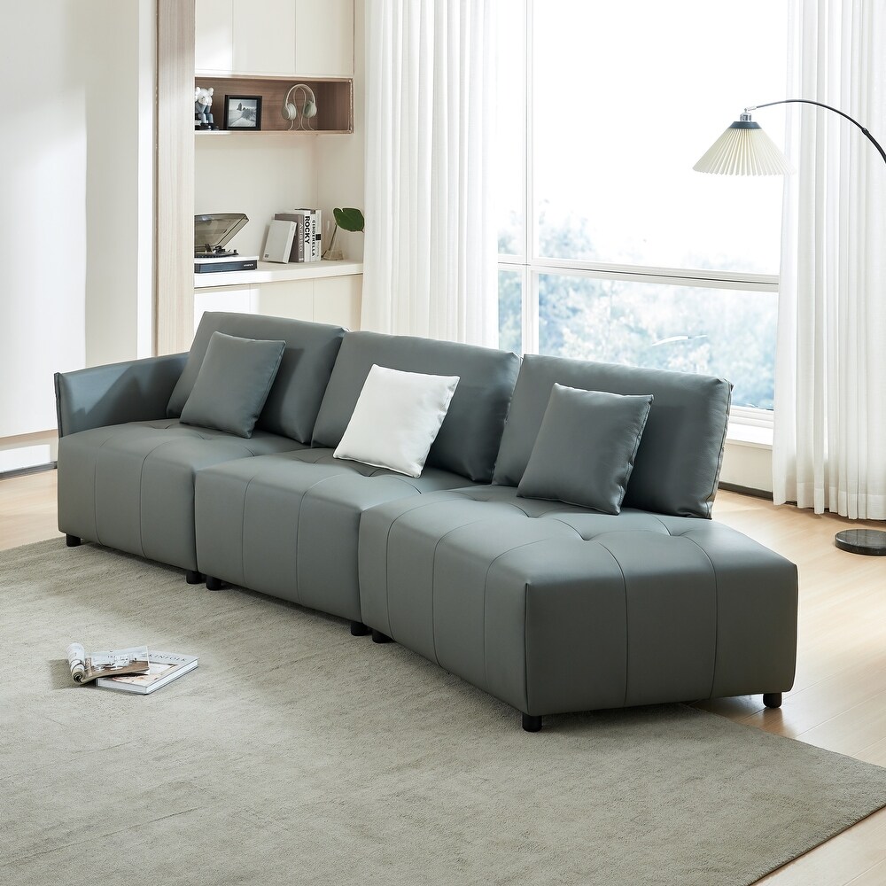 Dark Gray Real Leather 120'' Modular Sectional Couch Sofa with Curved Design