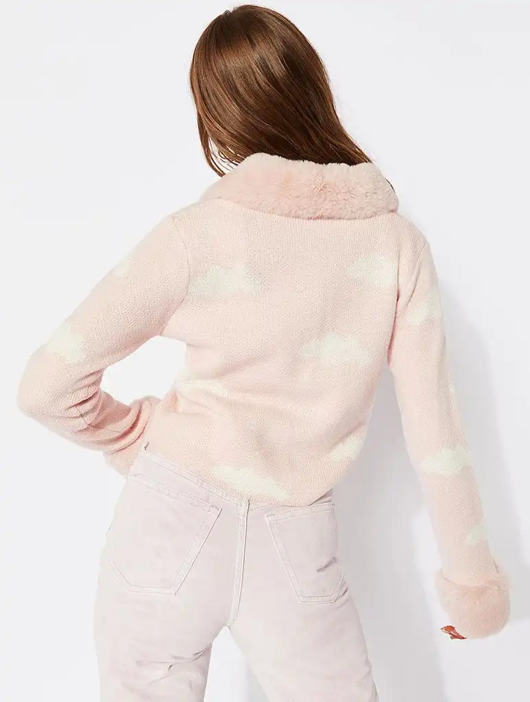 Pink Clouds Faux Fur Trim Cardigan