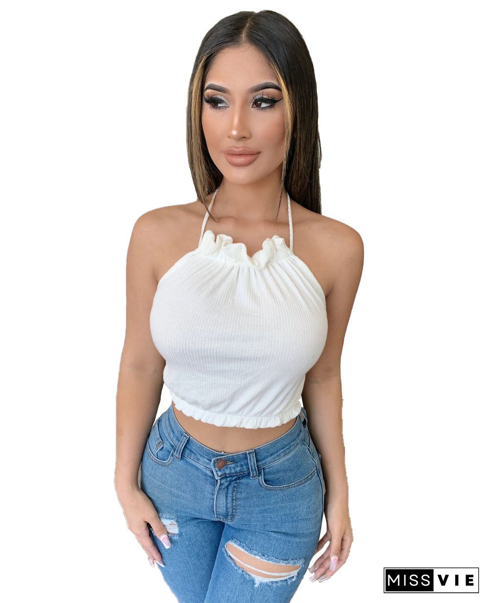 Women Sleeveless Sexy Camisole Summer Skinny Streetwear Solid Halter Backless Bandage Crop Tops