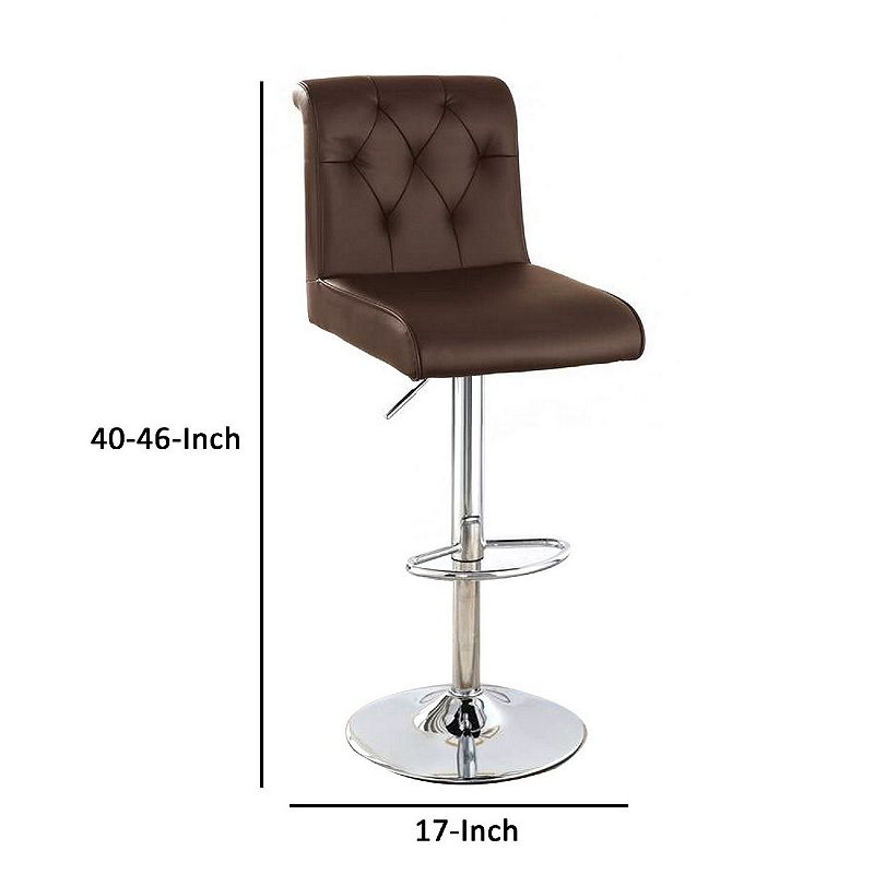 Adjustable Barstool with Rolled Button Tufted Back， Set of 2， Brown