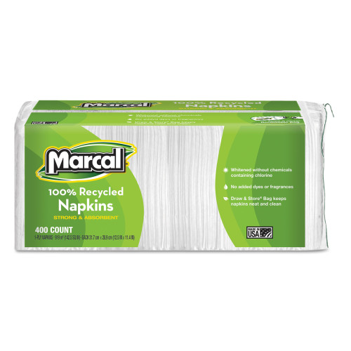 Marcal 100% Recycled Luncheon Napkins， 11.4 x 12.5， White， 400/Pack， 6PK/CT (6506)