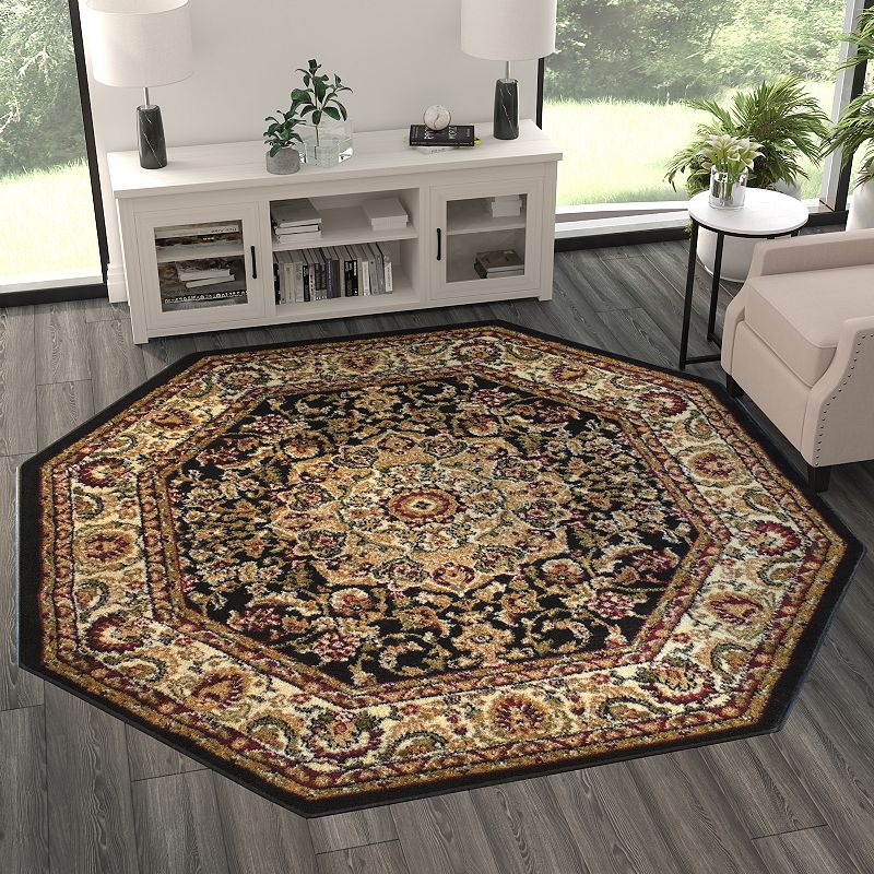 Masada Rugs Masada Rugs Bellagio Collection 7'x7' Traditional Octagon Area Rug in Black - Design B401