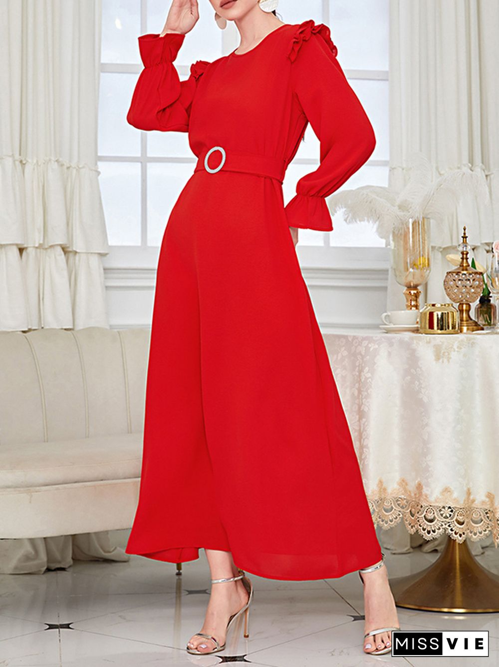 Ruffle Sleeves Belted Solid Color Round-Neck Maxi Dresses