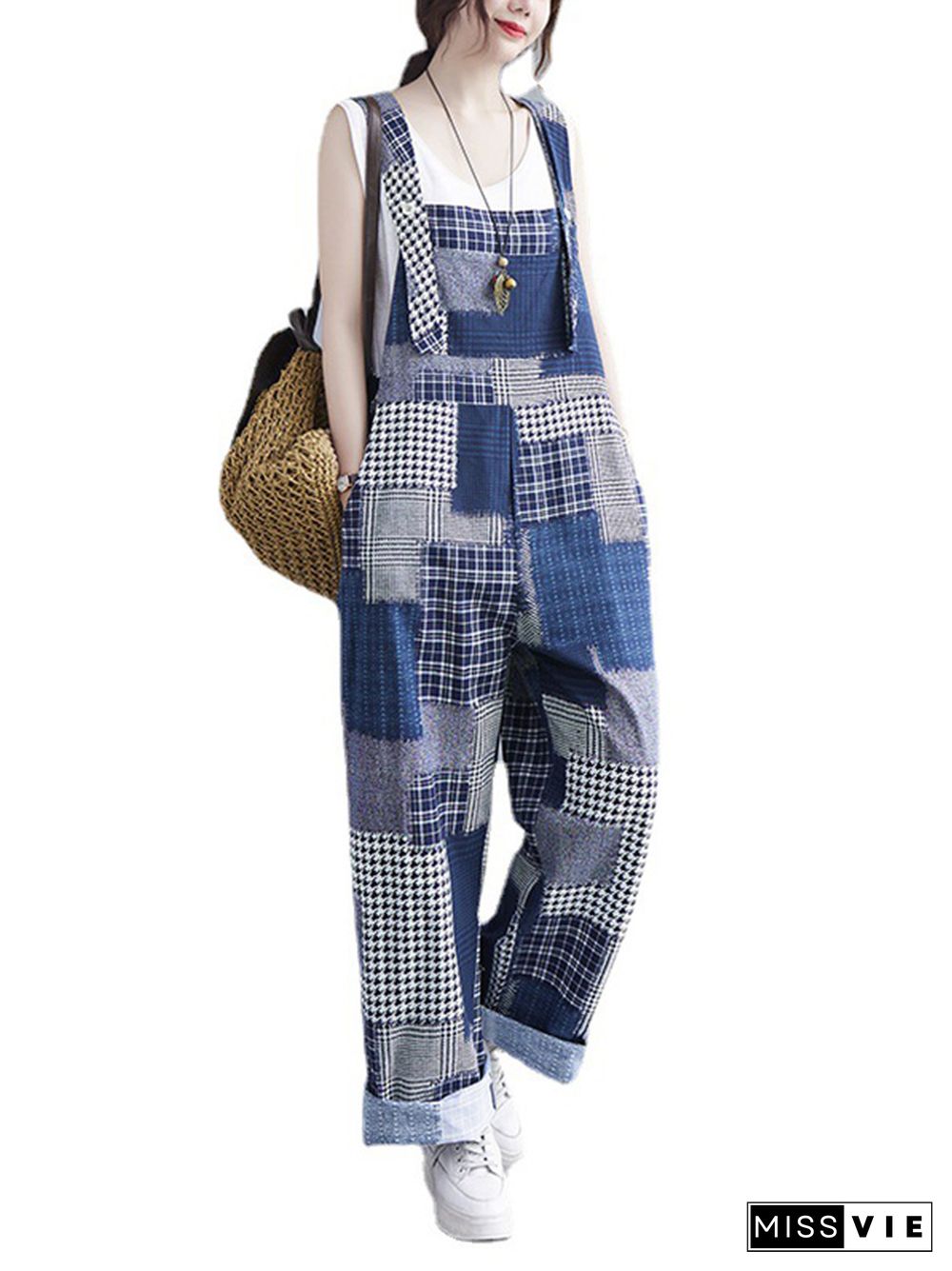 Artistic Retro Plaid Square-Neck Sleeveless Overalls