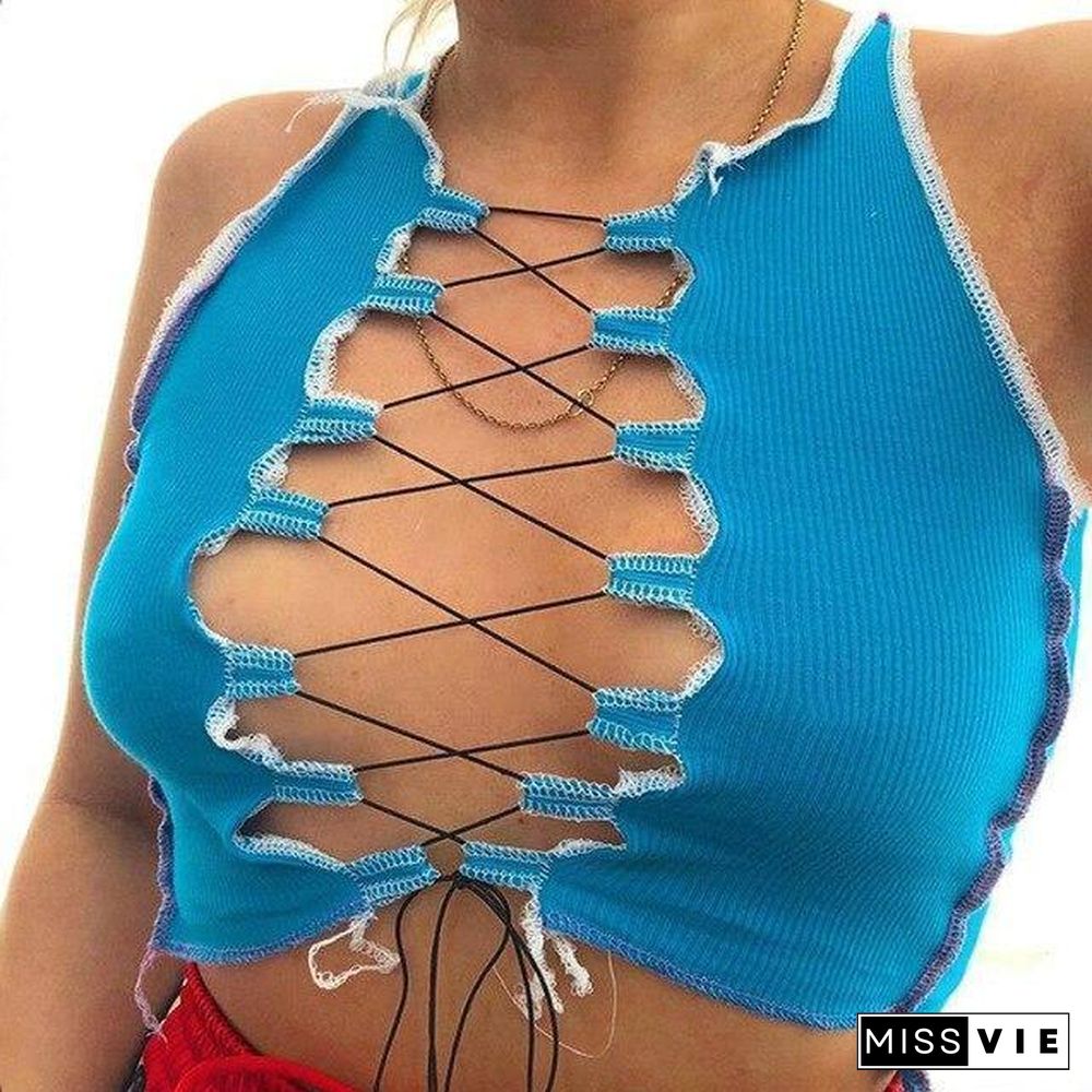 YICIYA Hollow Out Camisole Women Punk Style Ribbed Knitting Crop Tops Club Party Wear Colorful Sexy Tank Tops Bandage Vest Femal