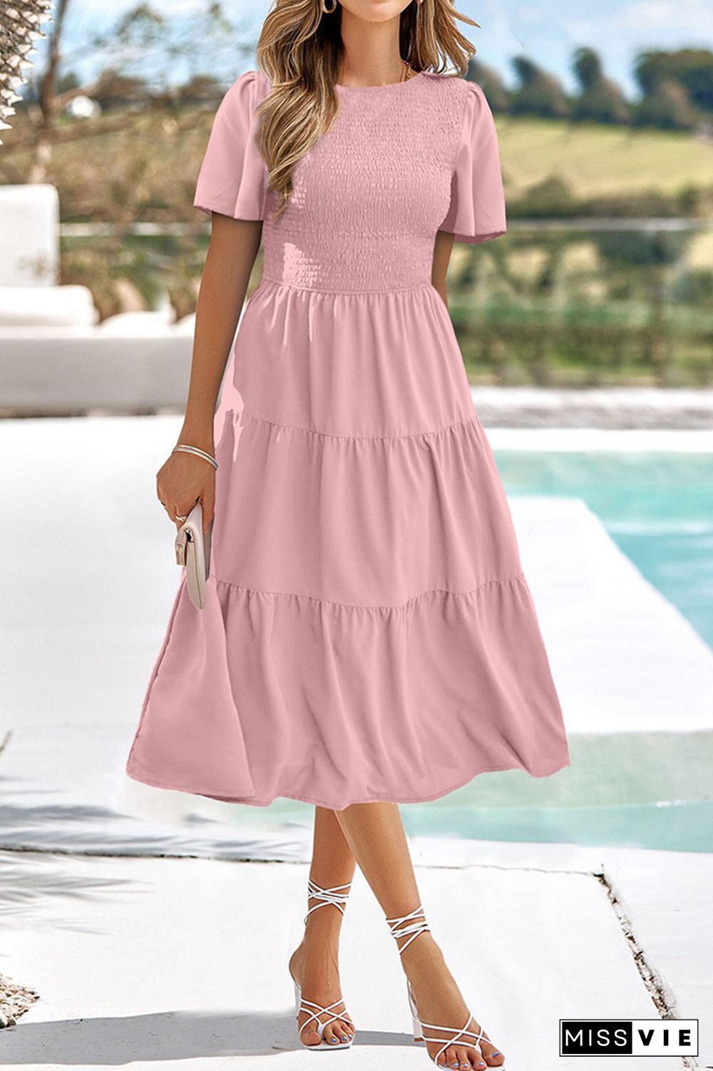 Plain Smocked Puff Tiered Maxi Dress