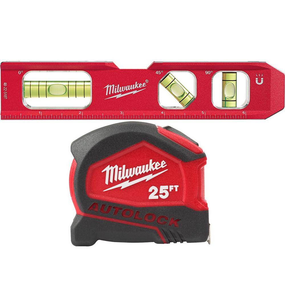 MW 7 in. Billet Torpedo Level with 25 ft. Compact Auto Lock Tape Measure 48-22-5107-48-22-6825