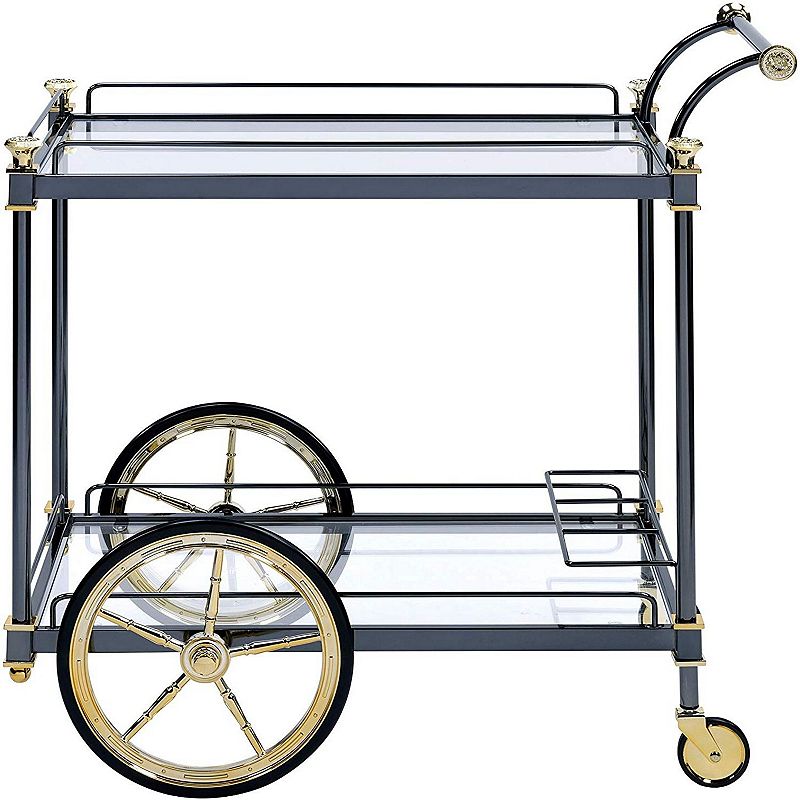 Metal Framed Serving Cart with Glass Shelves and Side Handle， Black and Gold