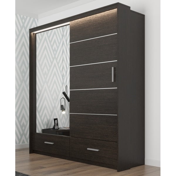 Donovan Modern Wooden Wardrobe - Armoire with Drawers and LED Lighting - - 36254979