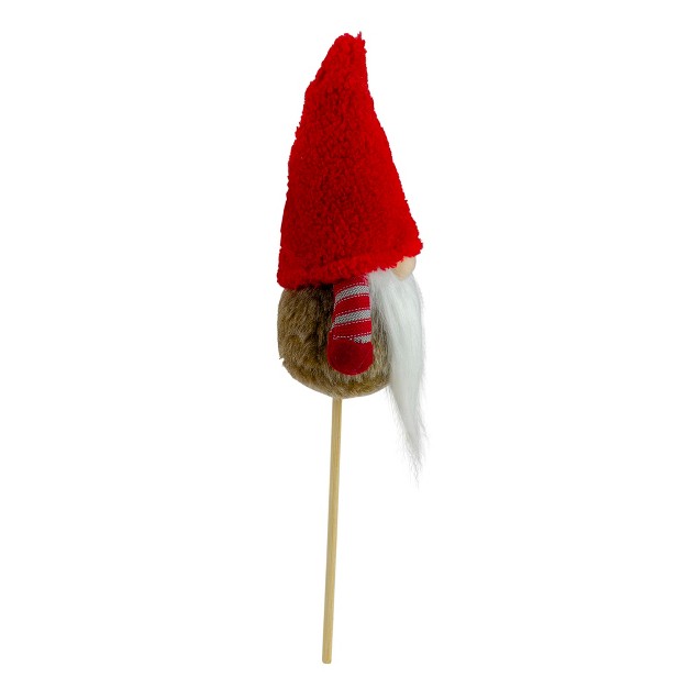 Tiny Gray Faux Fur Santa Gnome With Red Hat And Striped Arms On A Stick Christmas Decoration