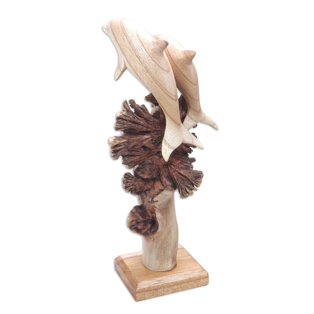 Novica Handmade Mother Dolphin Wood Sculpture