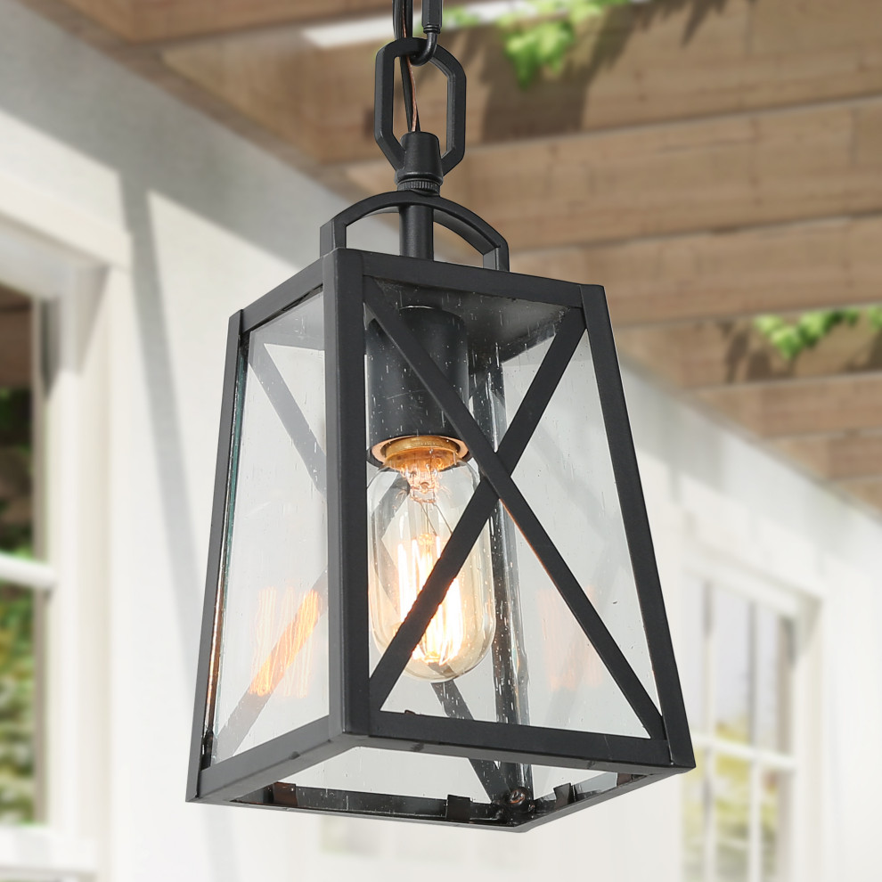 LNC Farmhouse 1 Light Black Cage Outdoor Hanging Lighting With Glass   Industrial   Outdoor Hanging Lights   by LNC  Houzz