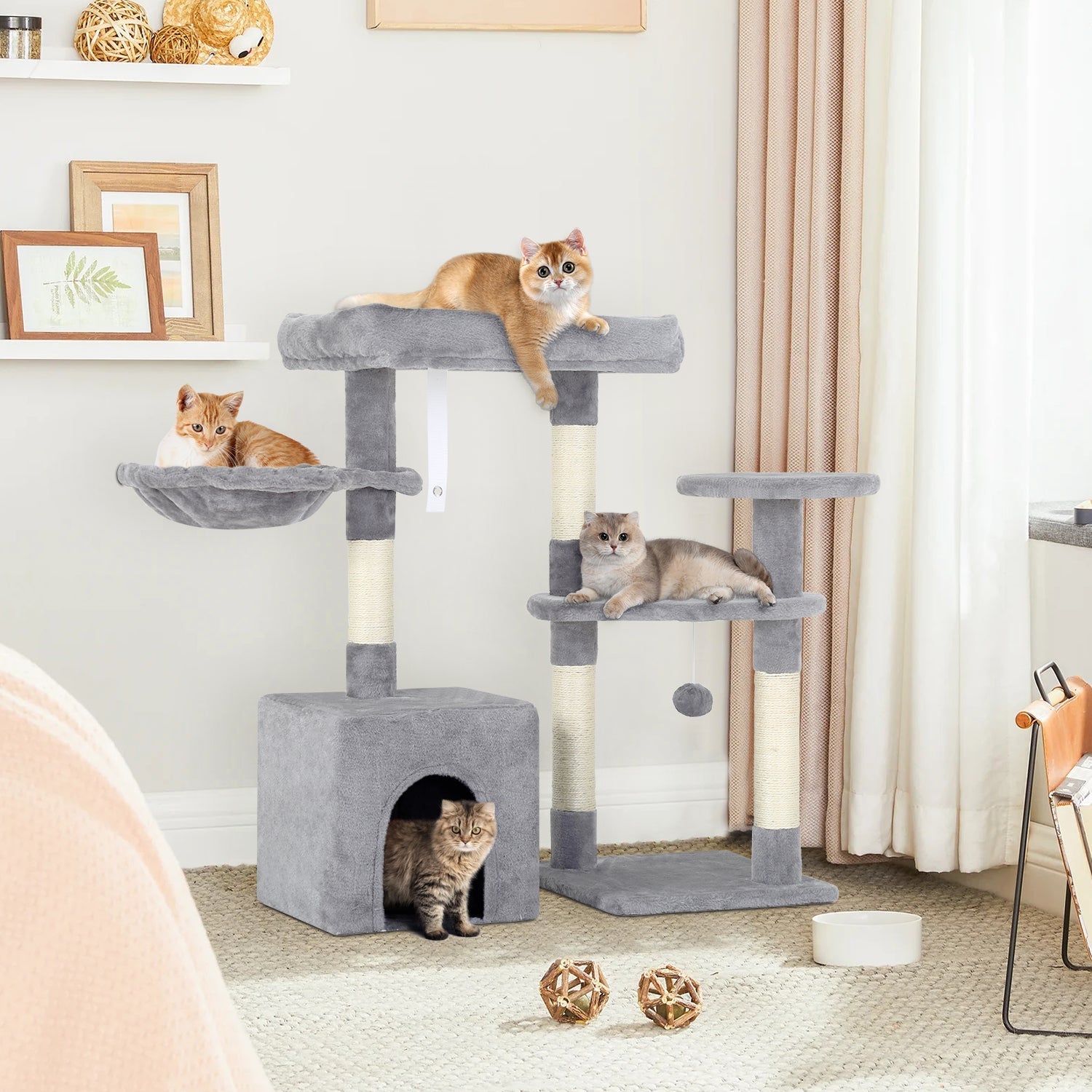 BestPet 33in Cat Tree Cat Tower with Scratching Posts for Indoor Cats,Multi-Level Cat Furniture Activity Center Stand House Cat Condo with Hammock Perch and Kitten Toys Pet Play House,Light Gray