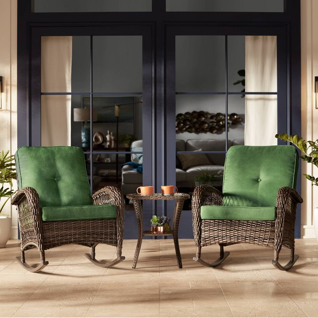 Teal Island Designs Madden 3 Piece Green And Rattan Outdoor Rocking Chair Set With Coffee Table