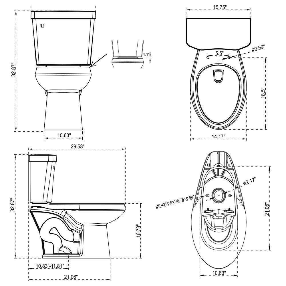 Two-Piece 1.28 GPF Single Flush Elongated Toilet in White Seat Included HKD-TTPT2468S-W